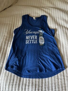 Yuengling Beer Never Settle Blue Tank Top Large L District Made Tri Blend Lager
